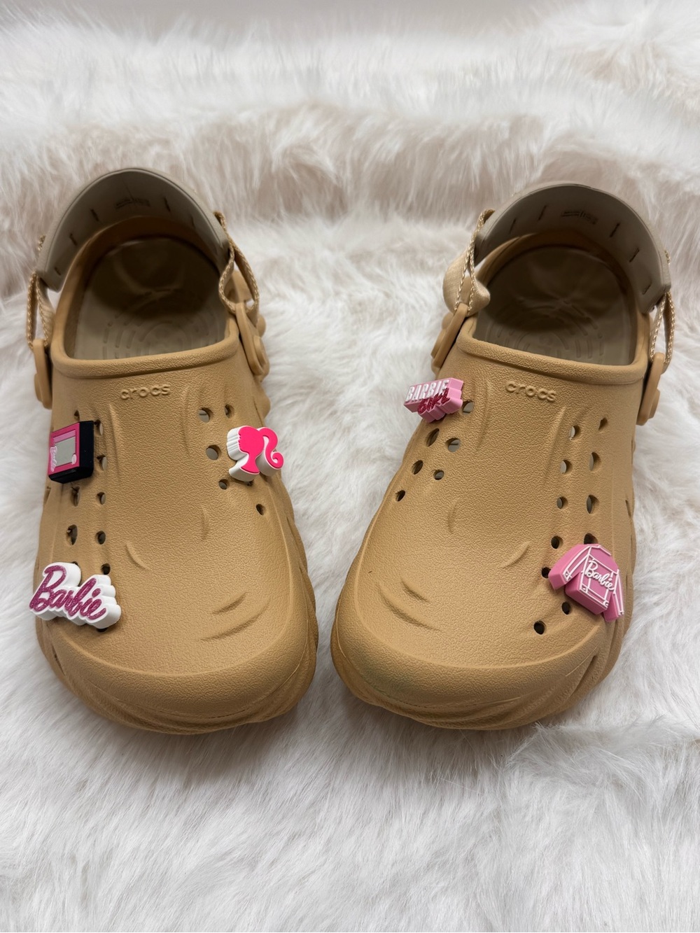 CROCS Tan Clogs with Pink Barbie Jibbitz Charms